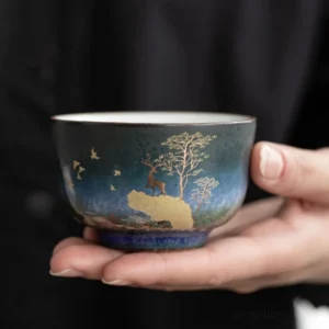 hand-painted deer landscape chawan ceramic tea cup gradient glaze side view