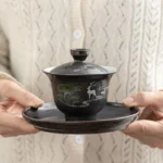 full set view of hand-painted deer pattern gaiwan chinese tea set