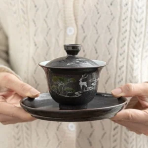 full set view of hand-painted deer pattern gaiwan chinese tea set