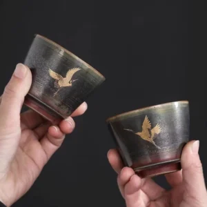 full set view of hand painted gold crane retro chinese tea cup