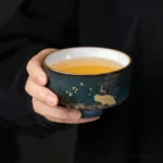 Hand-painted gold deer ceramic chawan 2.7oz deep blue kung fu tea bowl