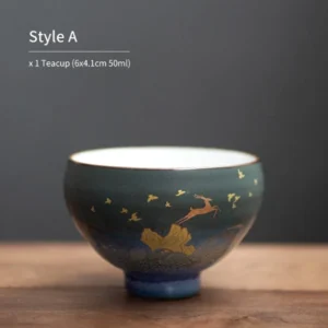 Hand-painted gold deer ceramic chawan tea bowl style A for gongfu tea tasting