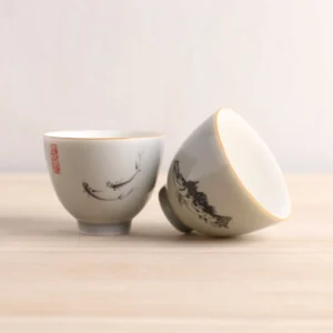 hand-painted ink fish ceramic chawan chinese tea cup 4oz