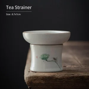 Hand-painted lotus Ru kiln ceramic tea strainer with resting base