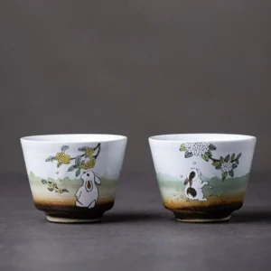 hand painted rabbit motif ceramic chawan gongfu tea cup 3.4oz side view