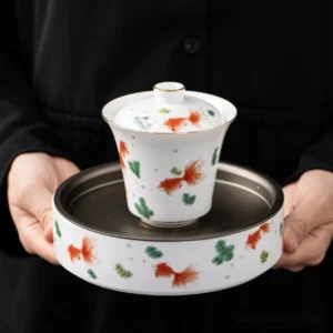 hand painted red goldfish ceramic gaiwan tea set with water tea tray