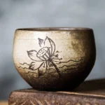 full side view of hand painted rustic chinese chawan tea bowl