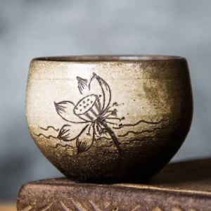 full side view of hand painted rustic chinese chawan tea bowl
