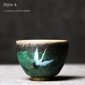 hand-painted vintage ceramic chinese crane tea cup side view