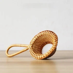 Hand woven natural rattan antique tea strainer with handle full product view