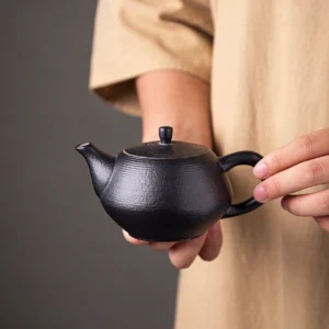 handcrafted textured black clay gongfu teapot with built-in filter full product view