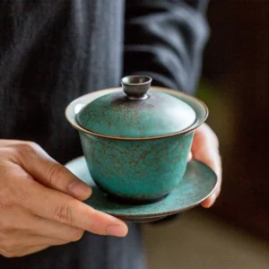 full view of handcrafted blue-green crackle glaze chinese gaiwan