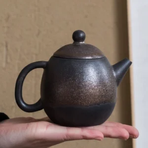 side view of handcrafted bronze glaze chinese teapot for gongfu tea