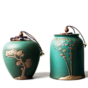 Handcrafted ceramic pine bamboo relief tea canister, Chinese loose tea storage jar