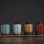 handcrafted glazed ceramic tea canister set in multiple colors with unique artisanal glaze finishes