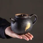 handcrafted chinese black gold ceramic teapot with gold cicada leaf decor 4.7oz