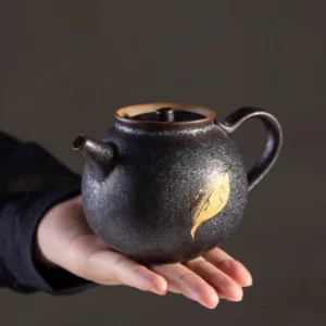 handcrafted chinese black gold ceramic teapot with gold cicada leaf decor 4.7oz