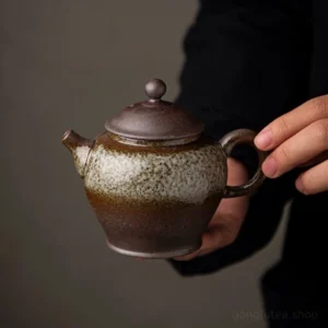 full view of handcrafted 6.1oz chinese ceramic clay gongfu teapot with built-in filter
