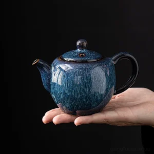 handcrafted unique dark blue kiln change chinese teapot full view