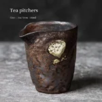 handcrafted brown lotus pattern gong dao bei ceramic tea pitcher front view