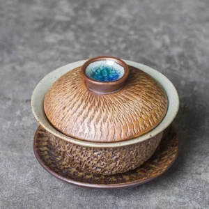 handcrafted mini ceramic gaiwan 2.2oz brown textured chinese tea set