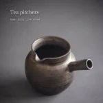 Handcrafted rustic ceramic Gong Dao Bei tea pitcher main view deep brown