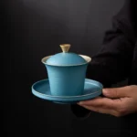 handcrafted textured ceramic gaiwan 6.1oz blue with gold accent front view