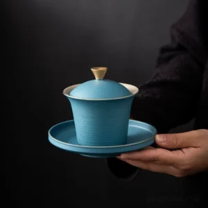 handcrafted textured ceramic gaiwan 6.1oz blue with gold accent front view