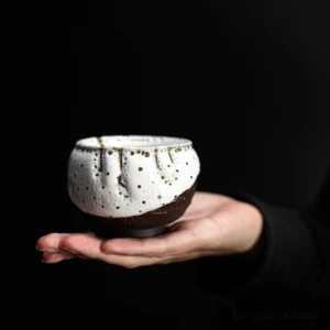 handcrafted two-tone gold speckled ceramic chawan tea bowl full view