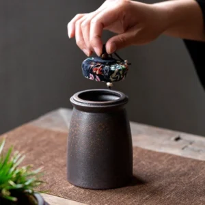 Handmade vintage airtight ceramic tea canister with fabric drawstring lid