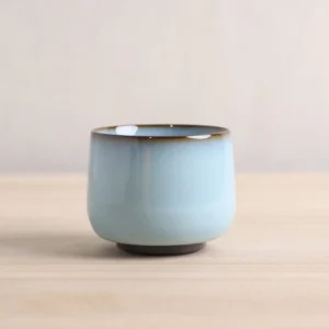 handmade blue ceramic chinese tea cup with ancient coin detail side view