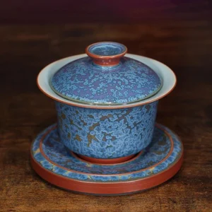 Handmade blue Jun Kiln gaiwan traditional Chinese three-part tea bowl