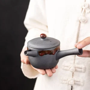 handmade ceramic chinese side handle teapot with red flowing glaze 7.4oz
