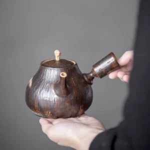 handmade chinese ceramic side handle teapot wood grain 15.2oz front view