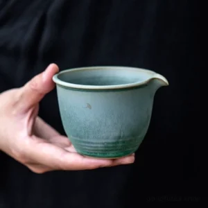 handmade gradient green ceramic ginkgo leaf gong dao bei tea pitcher full view