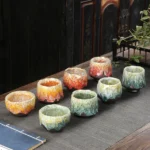 handmade jian zhan chawan kiln changed tea cup with petal shaped rim