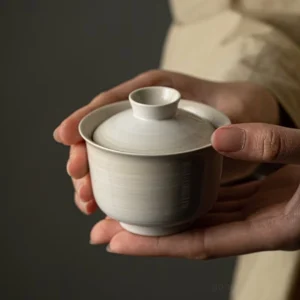 handmade off-white spun texture gaiwan chinese tea bowl full view