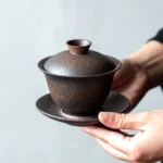 Handmade rustic dark brown sancai gaiwan traditional chinese ceramic tea brewing gaiwan