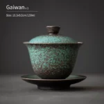 full view of handmade rustic green mottled chinese gaiwan three piece set