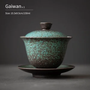 full view of handmade rustic green mottled chinese gaiwan three piece set