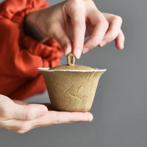handmade wabi-sabi linen texture gaiwan 3.4oz chinese tea brewing vessel