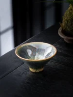 Handcrafted Jian Zhan 3.4oz tea cup side view with golden speckled glazed chawan
