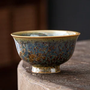 handcrafted jianzhan chawan blue green speckled ceramic tea cup front view