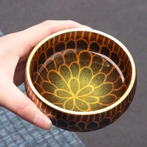 handcrafted jianzhan chawan 6oz iridescent petal pattern ceramic tea cup front view