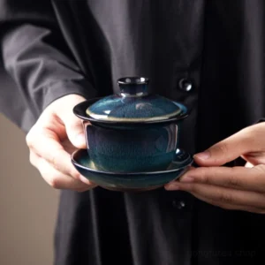 Handcrafted Jingdezhen blue green golden glaze gaiwan full set