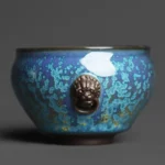 handmade chinese jun kiln chawan tea bowl with lion head decor side view