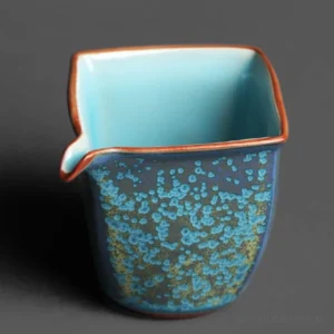 Handmade Jun Kiln square Gong Dao Bei tea pitcher full view with unique blue golden kiln change glaze