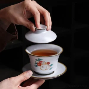 full set view of kawaii cat traditional pattern ceramic gaiwan kung fu tea set