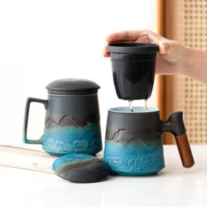 large ceramic tea mug with infuser and lid showing style options