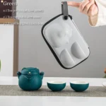 full set of white lucky cat ceramic travel tea set with carrying case opened